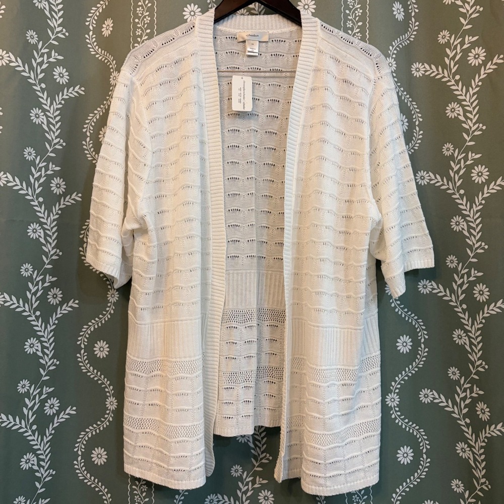 NEW CJ Banks White Pointelle Open Front Cardigan Short Sleeve Plus Sz 3X 24 26